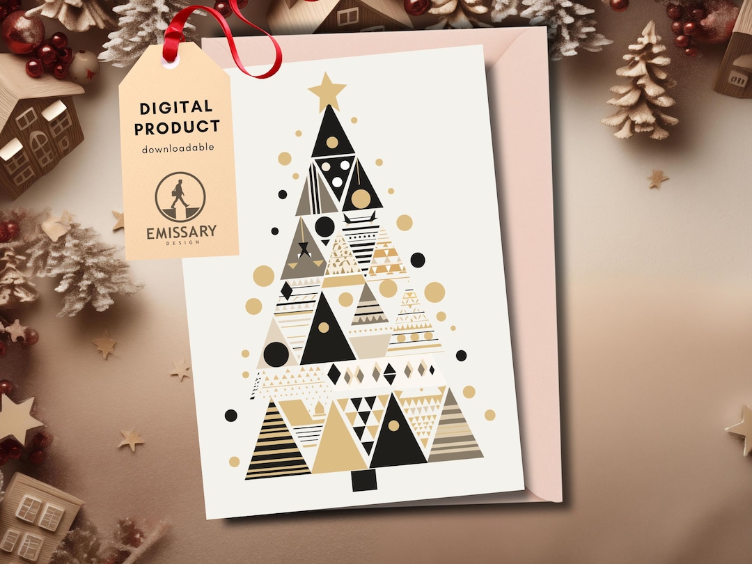 Geometric Christmas Tree Card Printable DIY 5x7 Foldable Art Etsy