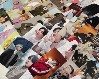 May include: A collection of rectangular photo cards featuring various individuals in diverse poses and outfits. The cards are arranged in a diagonal pattern, showcasing a variety of colors and styles. The images appear to be of high quality, with clear details.