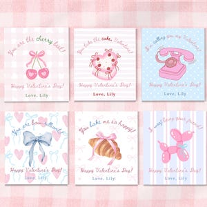 May include: Six Valentine's Day cards with watercolor illustrations and text. Designs include cherries, a heart-shaped cake, a telephone, a bow, a croissant, and a balloon dog. Each card has a Valentine's Day message and the name "Lily".