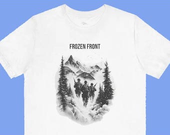 Camiseta patriótica Frozen Front - Diseño de tatuaje con escena de montaña de la Guerra de Corea / Texto personalizado / Sin tatuajes