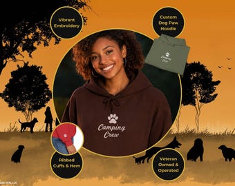 Sudadera con capucha y bordado de huella de perro, texto personalizado y manga con hilo blanco.