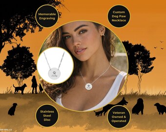 Collar con huella de perro grabada / Colgante circular de acero inoxidable con texto personalizado y diseño de huella