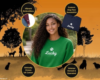 Sudadera con pata de perro bordada, cuello redondo, texto personalizado y manga con hilo blanco