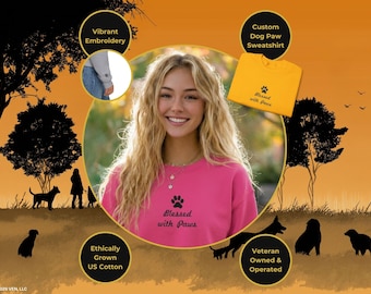 Sudadera con pata de perro bordada, cuello redondo, texto personalizado y manga con hilo negro