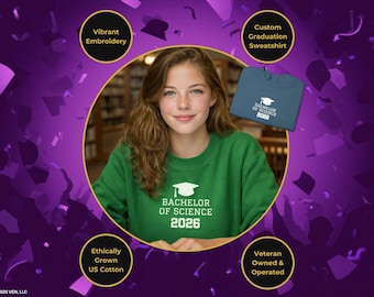 Sudadera bordada de la Clase 2026, regalo / Cuello redondo, texto personalizado y diseño de graduado en hilo blanco