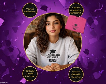 Sudadera bordada de la Clase 2026, regalo / Cuello redondo, texto personalizado y diseño de graduado en hilo negro