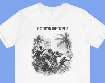 Camiseta patriótica "Victoria en los Trópicos" - Diseño de tatuaje de la Guerra de los Estados Unidos de 1898 / Texto personalizado / Sin tatuajes