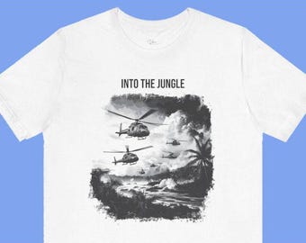 Camiseta patriótica "Into the Jungle" - Diseño de tatuaje de helicóptero Huey de la guerra de Vietnam / Texto personalizado / Sin tatuajes
