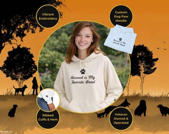 Sudadera con capucha y bordado de huella de perro, texto personalizado y manga con hilo negro.