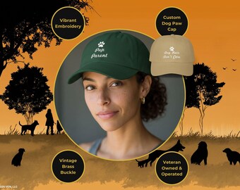 Gorra bordada con forma de pata de perro, ajustable, con texto personalizado y diseño de pata con hilo blanco.