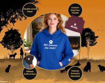 Sudadera con capucha con estampado de pata de perro, texto personalizado y manga estampada.