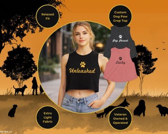 Top corto con estampado de pata de perro, algodón suave, texto personalizado y diseño de pata impreso.