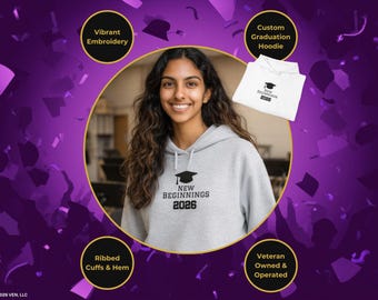 Sudadera con capucha bordada de la Clase 2026, regalo, texto personalizado y diseño de graduado en hilo negro