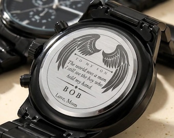 Personalized Watch for Son | Engraved Black Chronograph | Gift from Mom