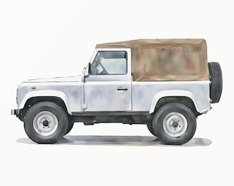 Witte Europese stijl 2-deurs 90 Soft Top off-road vrachtwagen aquarel - klassiek voertuig - vrachtwagenkunst - minimalistische kunst - automobieldecor - 0057