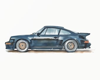 Aquarel zwarte Duitse turbosportwagen - iconische Wangan-legende - 930 Turbo-stijl - minimalistische peuterkunst - Blackbird - 0032