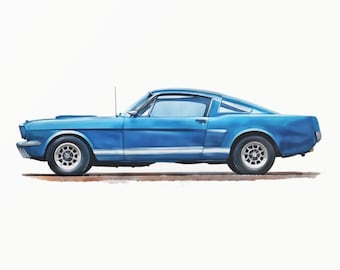 Klassieke blauwe mustang fastback aquarelstijl digitale download, muscle car poster, autoliefhebber cadeau, oldtimer poster - 0030