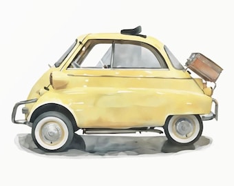 Gele eigenzinnige antieke Euro-stijl hatchback aquarel - schattig en klassiek - kinderkamerinrichting - minimalistische peuterkunst - digitale download - 0036
