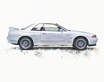 Klassieke turbo coupe aquarel kunstafdruk – retro JDM sportwagen illustratie – minimalistisch automotive decor – R32 GTR-stijl muurkunst - 0016