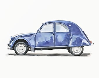 Blauwe eigenzinnige antieke Euro-stijl hatchback aquarel - schattig en klassiek - kinderkamerinrichting - minimalistische peuterkunst - digitale download - 0035