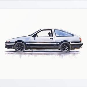 クラシックな日本のスポーツコンパクトカーの水彩画 - 象徴的な JDM ドリフトカー - パンダ AE86 アート - ミニマリストの幼児アート - 自動車の装飾 - 0023