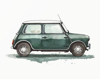 Mini European Style Car Watercolor Print - Nursery Decor - Minimalist Toddler Wall Art - Digital Download - Cute Dark Green Vintage 0011