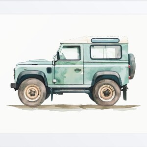 Puede incluir: Una pintura de acuarela de un Land Rover Defender verde, visto de lado. El vehículo tiene un techo blanco y detalles negros.