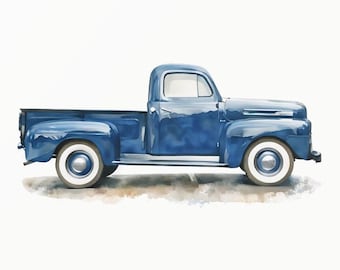 Camioneta clásica azul en acuarela - Estilo americano de los años 50 - Decoración infantil - Arte minimalista para niños pequeños - Descarga digital en acuarela - 0018