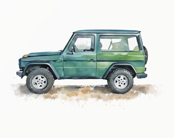 Europese 2-deurs w460 off-road vrachtwagen aquarel-klassiek voertuig-vrachtwagen kunst-minimalistische peuter kunst-automotive decor-0024