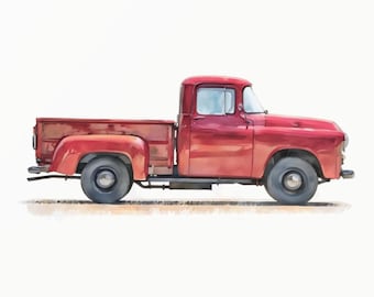 Rode klassieke pick-up truck aquarel - Amerikaanse stijl jaren 50 - decor kinderkamer - minimalistische peuterkunst - digitale download - 0027