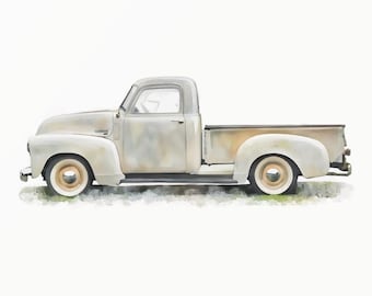 Witte klassieke pick-up truck aquarel - Amerikaanse stijl jaren 50 - decor kinderkamer - minimalistische peuterkunst - digitale download - 0026