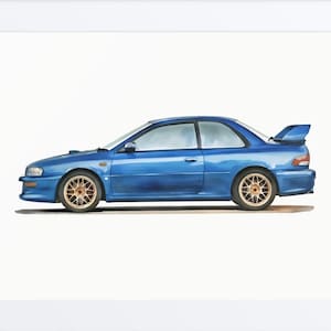 Puede incluir: Una pintura de acuarela de un Subaru Impreza WRX azul.