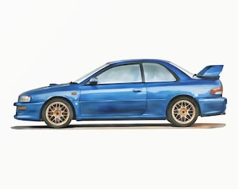 Blauwe JDM-stijl 2-deurs rallysport sedan aquarel - GC8E-stijl kunst - minimalistische peuterkunst - autodecor - 0046