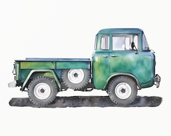 Green Cab Over Engine Pick-up Truck Aquarel - Klassiek voertuig - Pick-up in Amerikaanse stijl - Minimalistische peuterkunst - Automotive decor - 0048