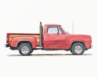 Rode flareside pick-up truck aquarel - klassiek voertuig - pick-up Amerikaanse stijl - minimalistische peuterkunst - automotive decor - 0049
