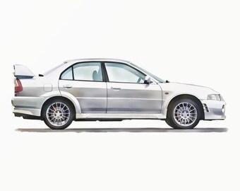 Witte JDM-stijl 4-deurs rallysport sedan aquarel - CP9A-stijl kunst - Evolution VI - minimalistische peuterkunst - Automotive decor - 0047