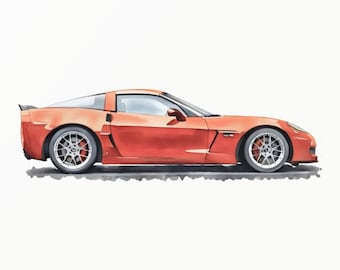 Rode sportwagen aquarel print - Amerikaanse C6 stijl kunst - minimalistische peuter - digitale download - afdrukbare muur kunst - automotive cadeau 0002