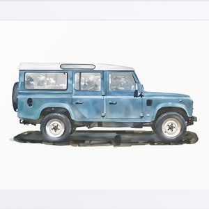 Blau Euro Style 4-Türer 110 Wagon Geländewagen Aquarell - LKW-Kunst - Minimalistisches Fahrzeug - Automobiles Dekor - 0044