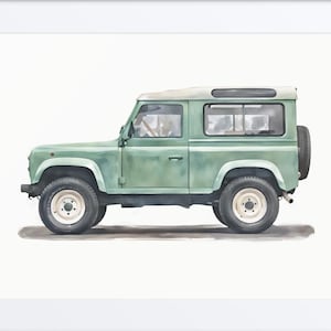 Camión todoterreno de 2 puertas y 90 litros de estilo europeo verde en acuarela: vehículo clásico, arte de camiones, arte minimalista para niños pequeños, decoración automotriz, 0043