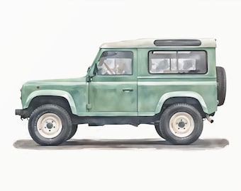 Groene Europese stijl 2-deurs 90 off-road vrachtwagen aquarel - klassiek voertuig - vrachtwagenkunst - minimalistische peuterkunst - automobieldecor - 0043