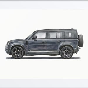 May include: Framed watercolour print of a dark grey SUV with black wheels and a spare tyre on the back. The vehicle is shown in profile against a white background, highlighting its design. The artwork is encased in a black frame.
