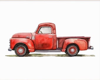 Klassieke rode pick-up truck aquarel - schattig en klassiek - decor van de kinderkamer - minimalistische peuterkunst - digitale download - pastelkleuren - 0008
