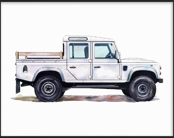 Witte Europese 4 deurs 110 Pick Up Truck aquarel - schattig en klassiek - Decor van de kinderkamer - minimalistische peuterkunst - digitale download - 0009