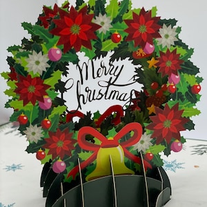 Carte de joyeux Noël • Cartes de Noël pop-up 3D • Carte de Noël avec couronne de houx et poinsettias • Carte de voeux de Noël avec poinsettias • Cadeau de Noël