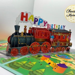 Tarjeta emergente 3D con diseño de tren de feliz cumpleaños, tarjetas de regalo especiales para cumpleaños