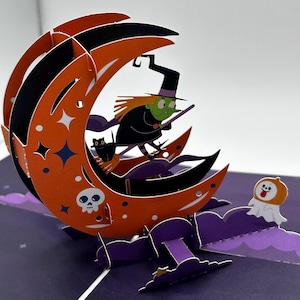 Carte 3D de la méchante sorcière d'Halloween • Carte contextuelle 3D d'Halloween • Carte contextuelle 3D de sorcière volante d'Halloween