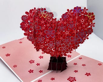 Tarjeta 3D desplegable con forma de corazón de flores • Tarjeta de amor para el Día de San Valentín