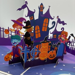 Carte pop-up de la maison hantée des amis d'Halloween • Carte pop-up 3D d'Halloween