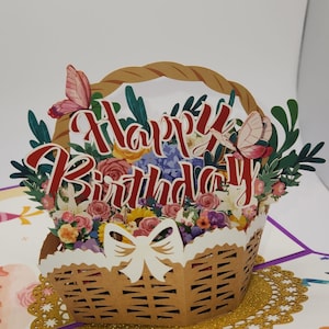 Scatola pop-up floreale 3D di buon compleanno • Cesto di fiori 3D • Biglietto di auguri 3D di buon compleanno