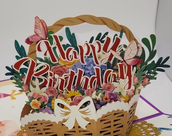 Floral Happy Birthday 3D Pop up Card • Flower Basket - Etsy